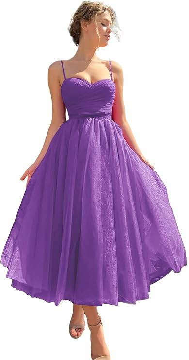 Sevintage Spaghetti Straps Tulle Prom Dress Tea Length Formal Party Evening Dress with Pockets | Amazon (US)
