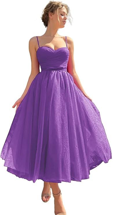 Sevintage Spaghetti Straps Tulle Prom Dress Tea Length Formal Party Evening Dress with Pockets | Amazon (US)