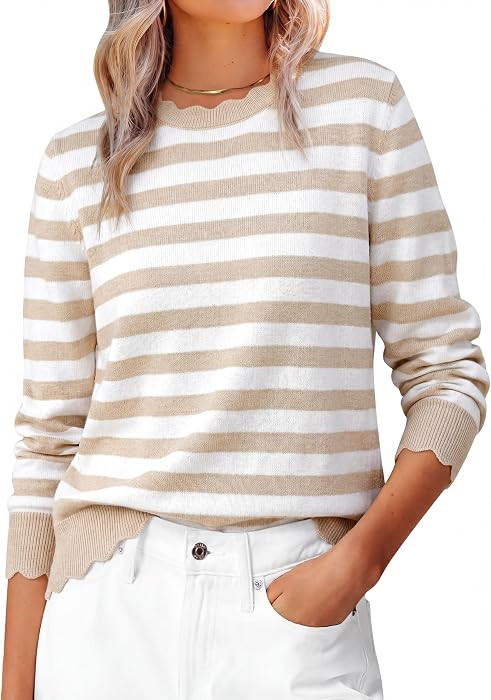 ANRABESS Sweaters for Women Fall Loose Fit Lightweight     Scalloped Long Sleeve Tops, Soft Cozy ... | Amazon (US)
