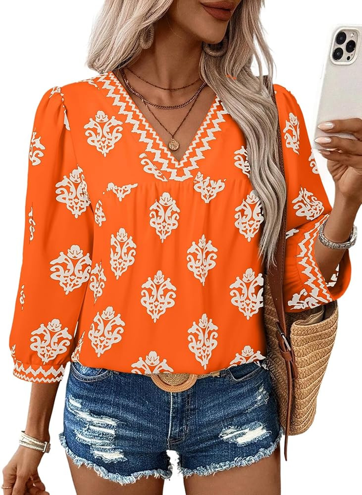 SHEWIN Women's Casual V Neck Floral Print Chiffon Blouses 3/4 Sleeve Boho Summer Tops Shirts | Amazon (US)