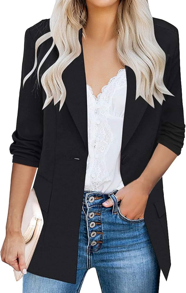 Womens Casual Blazers 3/4 Stretchy Ruched Sleeve One Button Work Office Blazer Open Front Jacket S-X | Amazon (US)