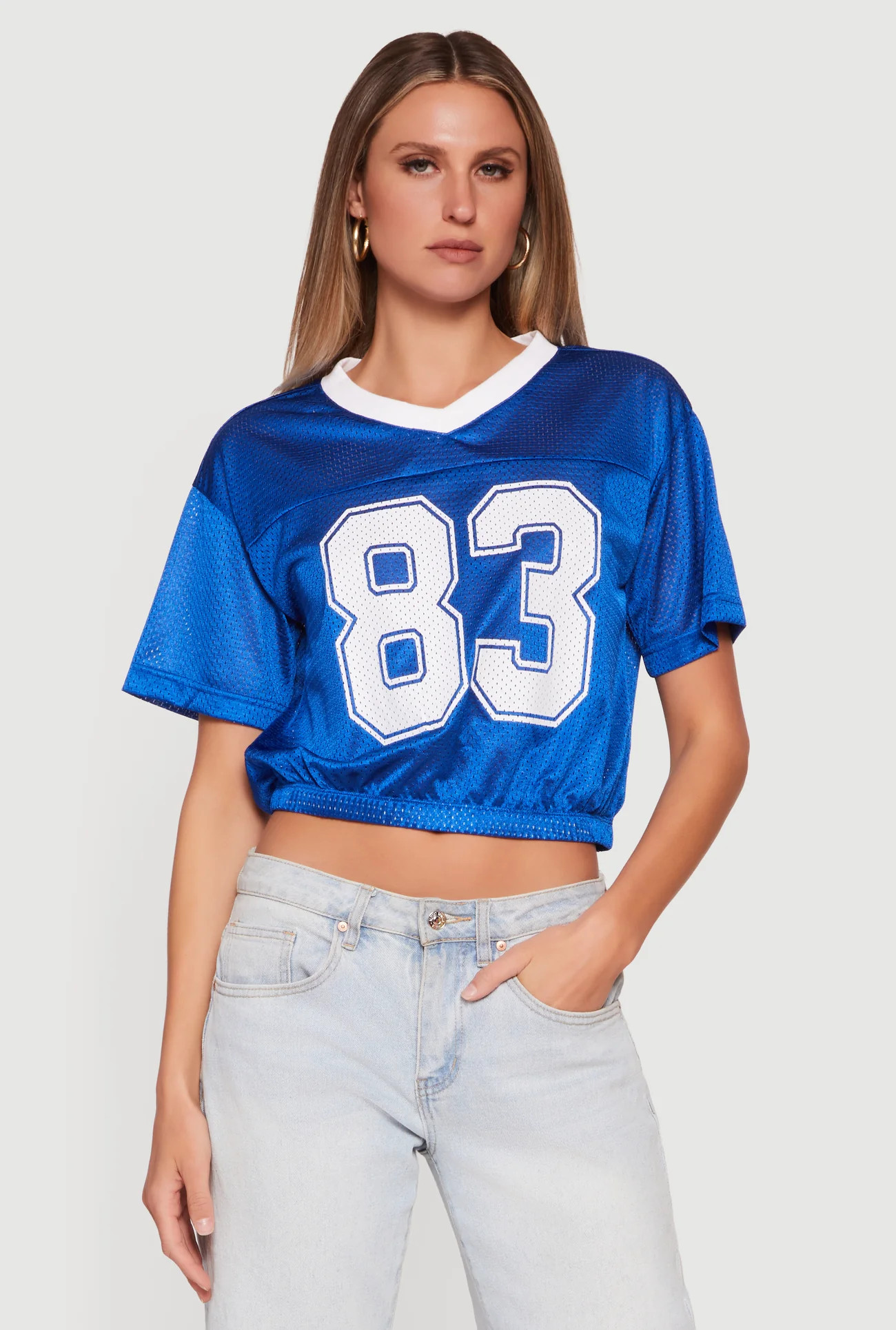Almost Famous Cropped Bubble Hem Graphic Football Jersey | Rainbow Shops