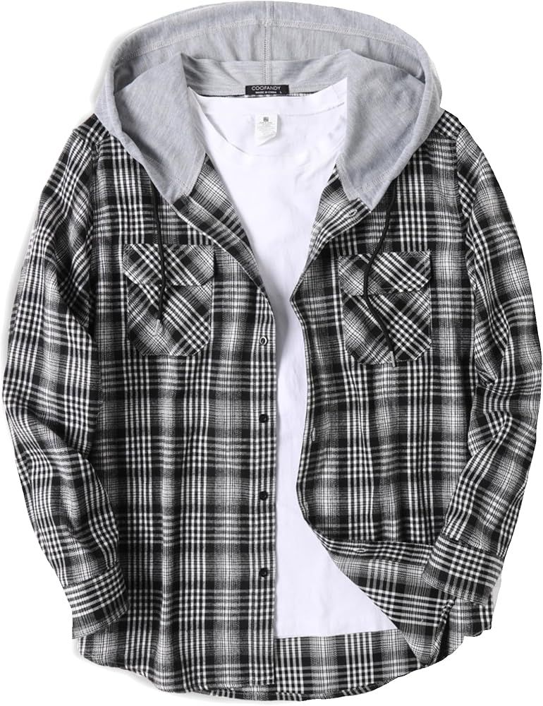 COOFANDY Men's Plaid Hoodie Flannel Shirt Jacket Long Sleeve Casual Fashion Button Shirts | Amazon (US)