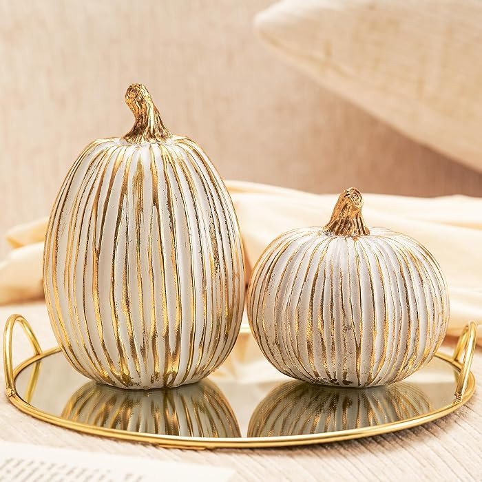 DN DECONATION White and Gold Fall Pumpkin Decoration for Table Centerpieces | Amazon (US)