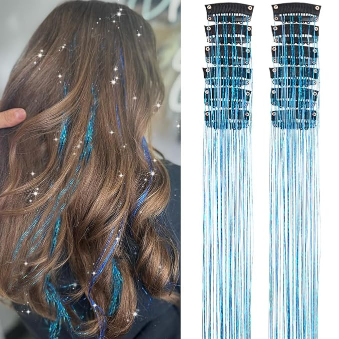 Sky Blue Fairy Hair Tinsel Kit Pack of 12 Pcs Clip in Hair Tinsel Kit 20 Inch Glitter Blue Tinsel... | Amazon (US)