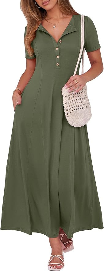 ANRABESS Women Summer Maxi Dress 2025 Casual Short Sleeve Button Fit & Flare A-Line Flowy Spring ... | Amazon (US)