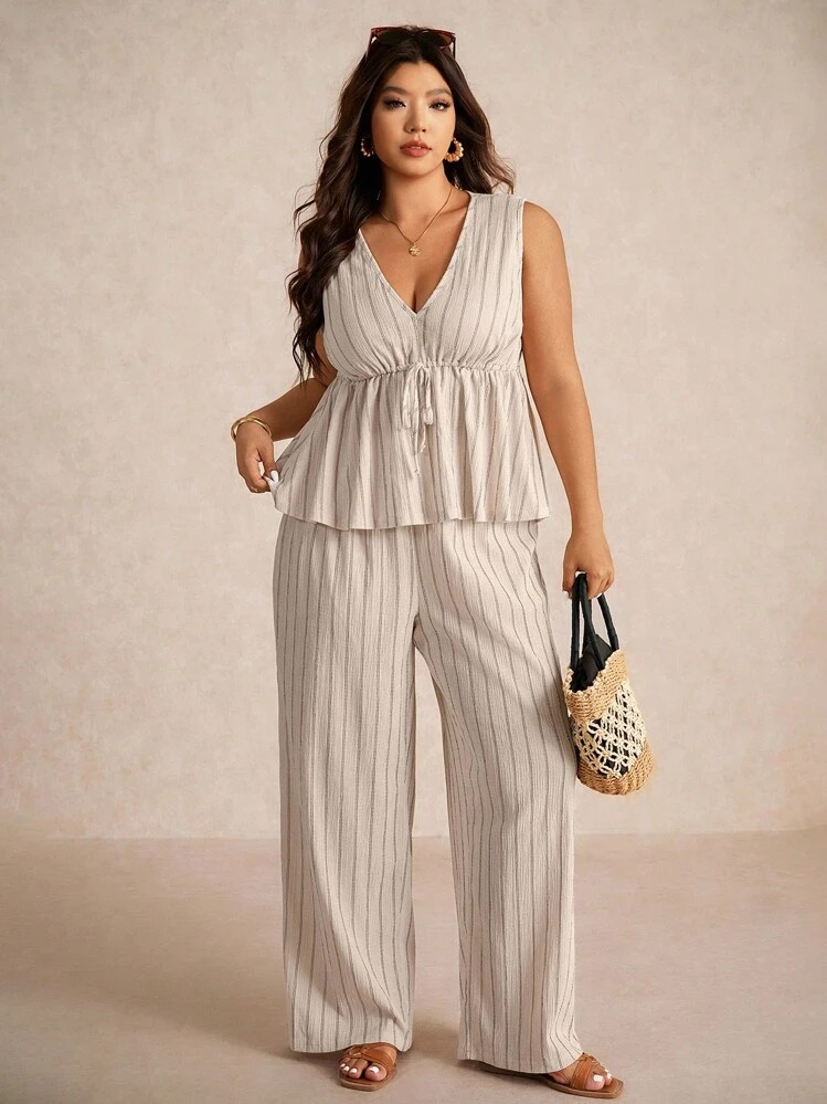 Elaquor Plus Size Casual Vacation Striped Sleeveless A-Line Dress Shirt And Straight Leg Casual Pants 2 Pieces Set | SHEIN