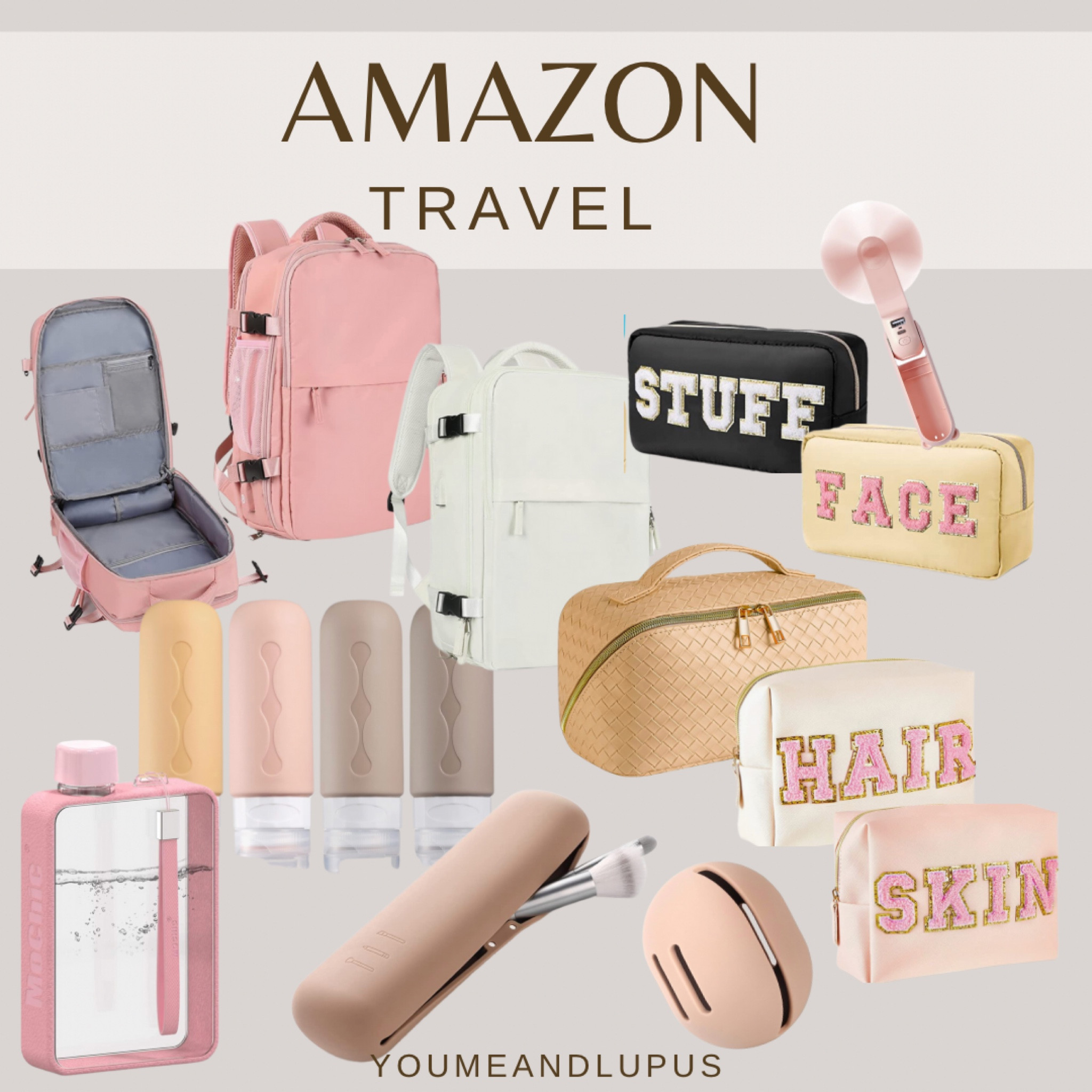 Amazon travel essentials and a few of my favorite travel finds. Carry-on backpack, flat water bottle, makeup bags, makeup brush holder, makeup sponge holder, travel bottles, mini portable fan, pill holder, mirrors, YoumeandLupus, summer vacations 

#LTKtravel #LTKbeauty #LTKFind