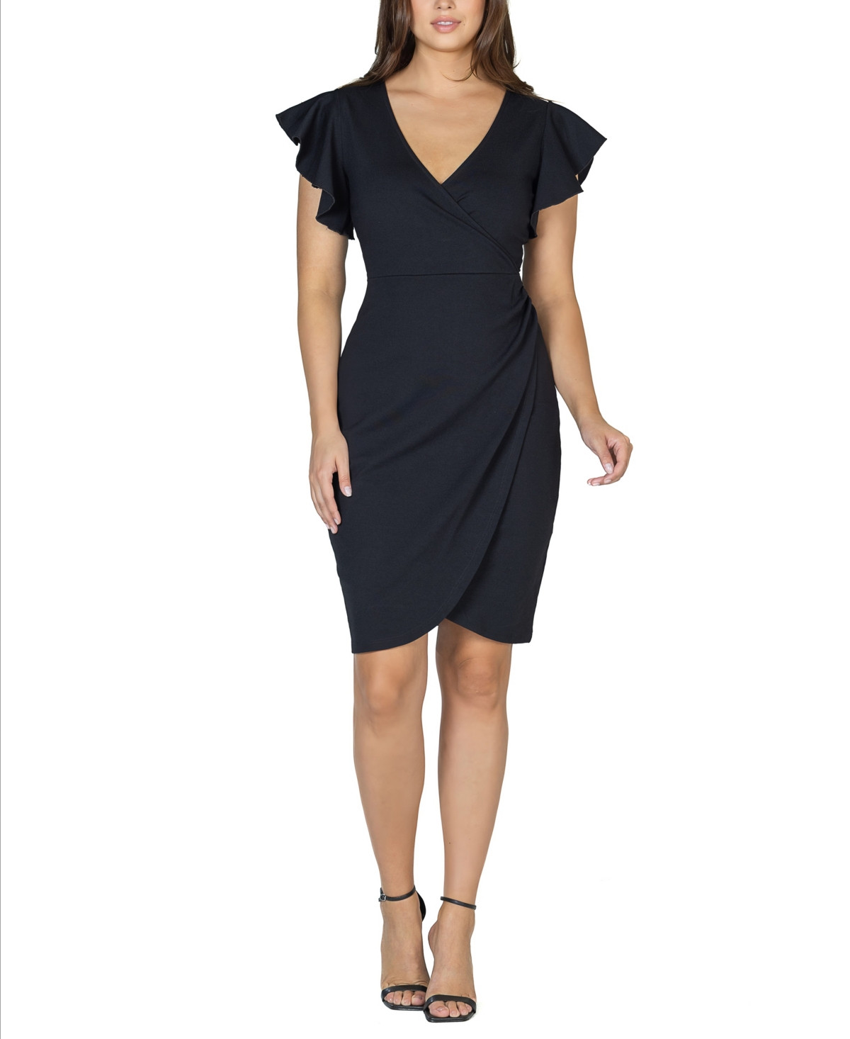 24seven Comfort Apparel Women's V-neck Ruffle Sleeve Knee Length Dress - Black | Macy's