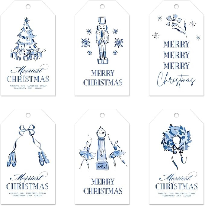 Christmas Paper Gift Tags Nutcracker Hanging Labels with Hemp Rope White Blue Merry Christmas Tag... | Amazon (US)