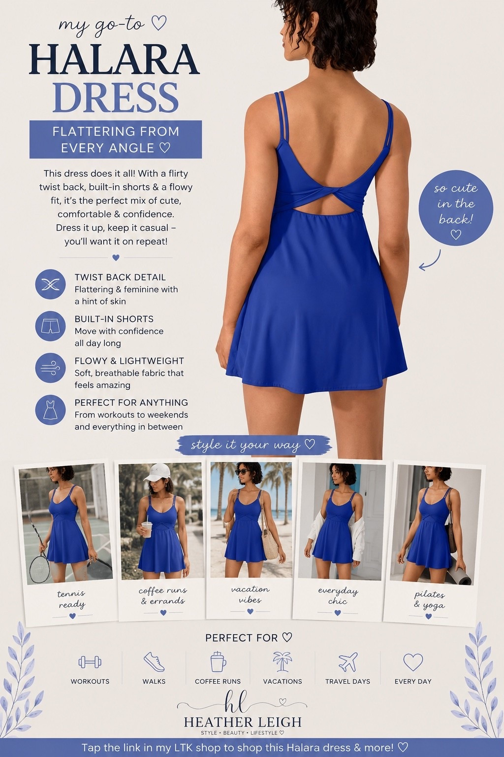 ✨ My go-to Halara dress lately 💙

This dress is the perfect mix of sporty, flattering, and effortless. I’m obsessed with the twist-back detail, the flowy fit, and the built-in shorts that make it so comfortable for everyday wear ✨

It’s one of those pieces you can throw on and instantly feel cute and put together while still being comfy all day long 🤍

Perfect for:
💙 Tennis & pickleball
💙 Coffee runs
💙 Vacations
💙 Pilates & walks
💙 Travel days
💙 Everyday errands

#halara #halarastyle #heatherleighfinds #ltkactive #athleisure #sportydress #everydaystyle #tennisdress #pilatesstyle #activewear
