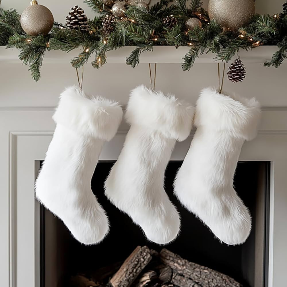 AOGU 3 Pack 18 Inch Snowy White Christmas Stockings Faux Fur Xmas Christmas Stockings Hanging Orn... | Amazon (US)