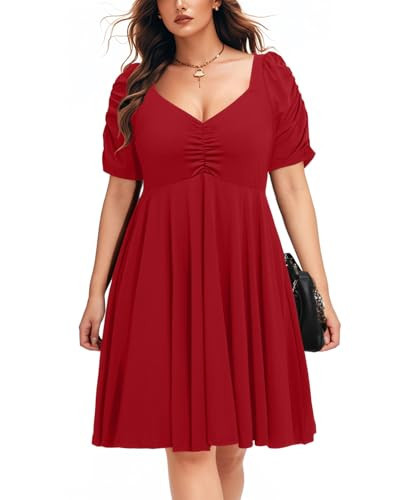 Plus Size Red Dress Puff Sleeve Sweetheart Neckline A Line Short Flowy Skater Cute Christmas Party Casual Dress Pockets | Amazon (US)