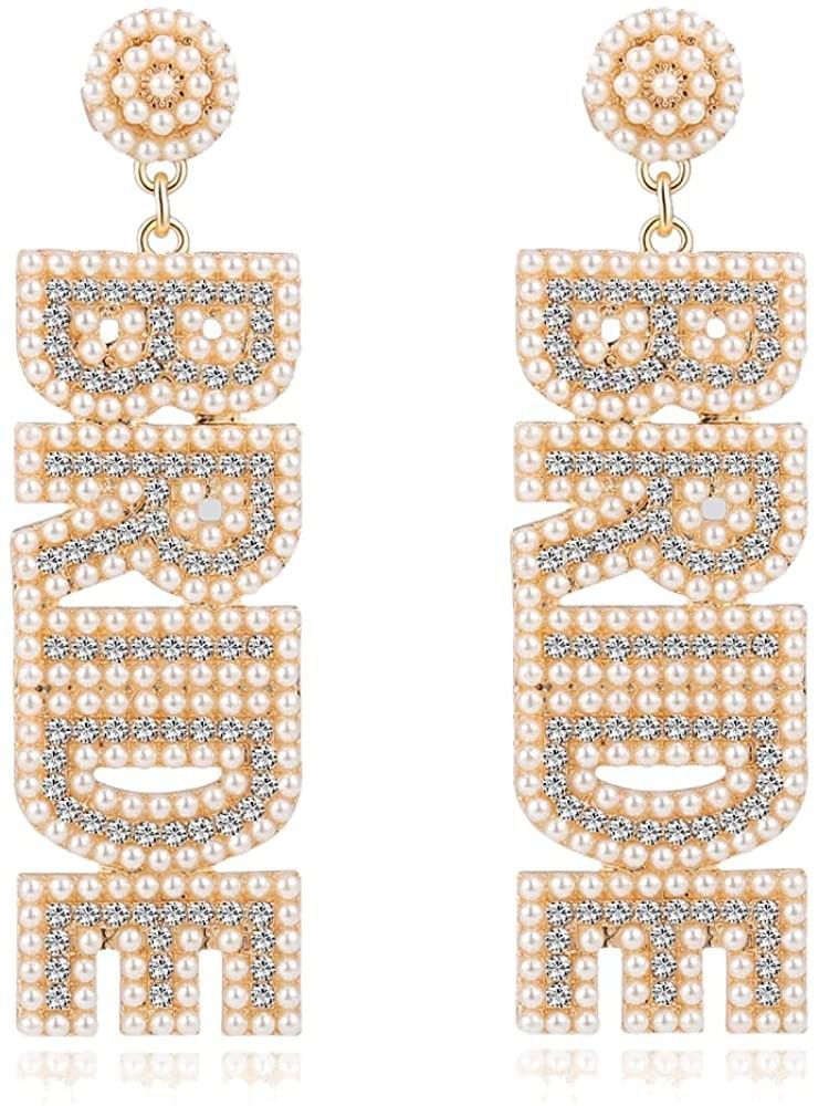 Rhinestone Bride Earrings for Women Handmade Beaded BRIDE Letter Dangle Earring Wedding Bridal Ea... | Amazon (US)