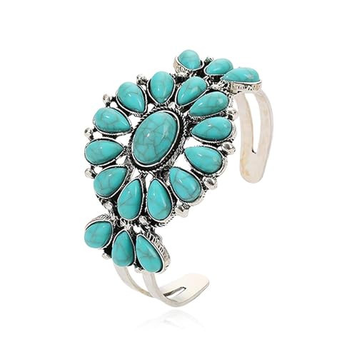 QLYOVWE Bohemian Vintage Turquoise Flower Cuff Bracelet for Women Western Cowgirl Silver Geometric Engraved Wrap Bangle Cuff Bracelet Boho Ethnic Statement Jewelry Gift (Blue) | Amazon (US)