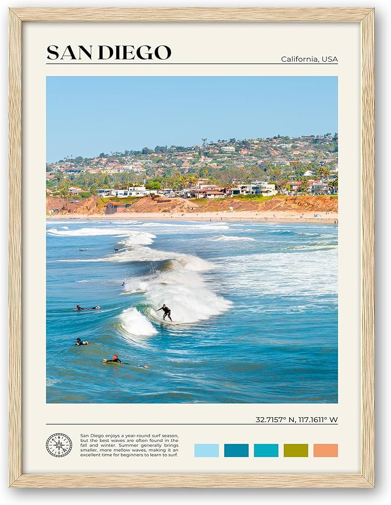 HesenDot Natural OAK Wood San Diego Surfing Framed Wall Art,12x16in Natural Seascape Canvas Wall ... | Amazon (US)