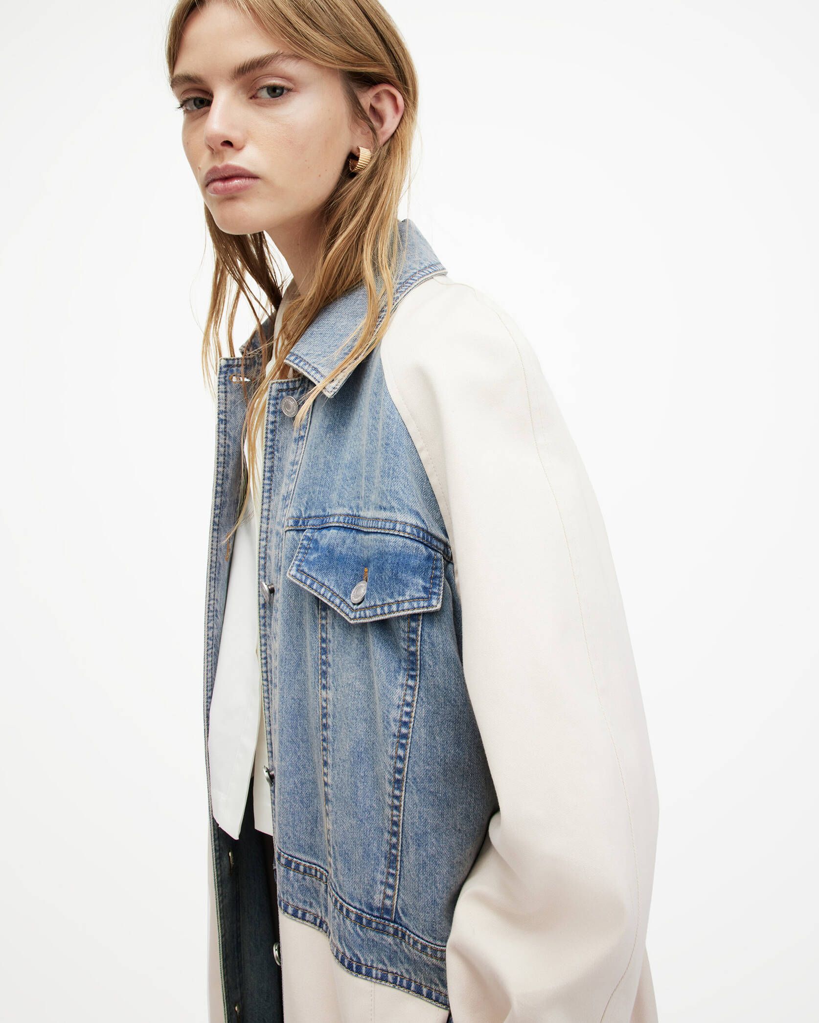 Dayly Denim Panelled Relaxed Trench Coat STONE WHITE | ALLSAINTS US | AllSaints US