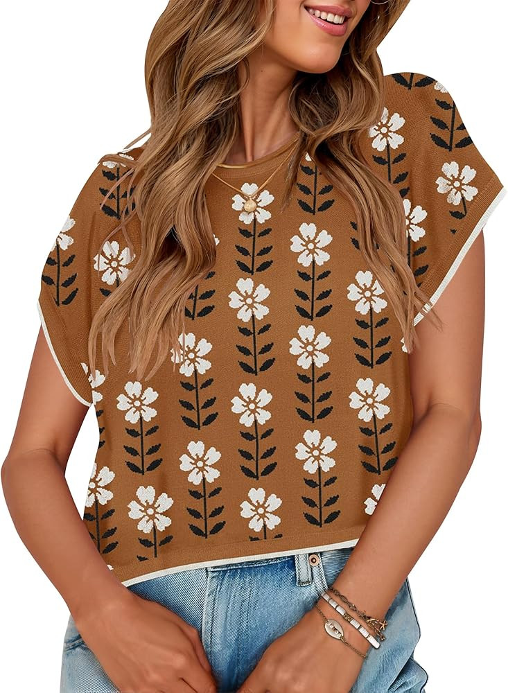 ZESICA Womens Floral Sweater Vest Summer Short Sleeve Crew Neck Cute Loose Knit Tops 2026 Trendy ... | Amazon (US)