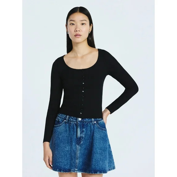 Scoop Women’s Lace Trim Scoop Neck Ribbed Tee with Long Sleeves, Sizes XS-XXL | Walmart (US)