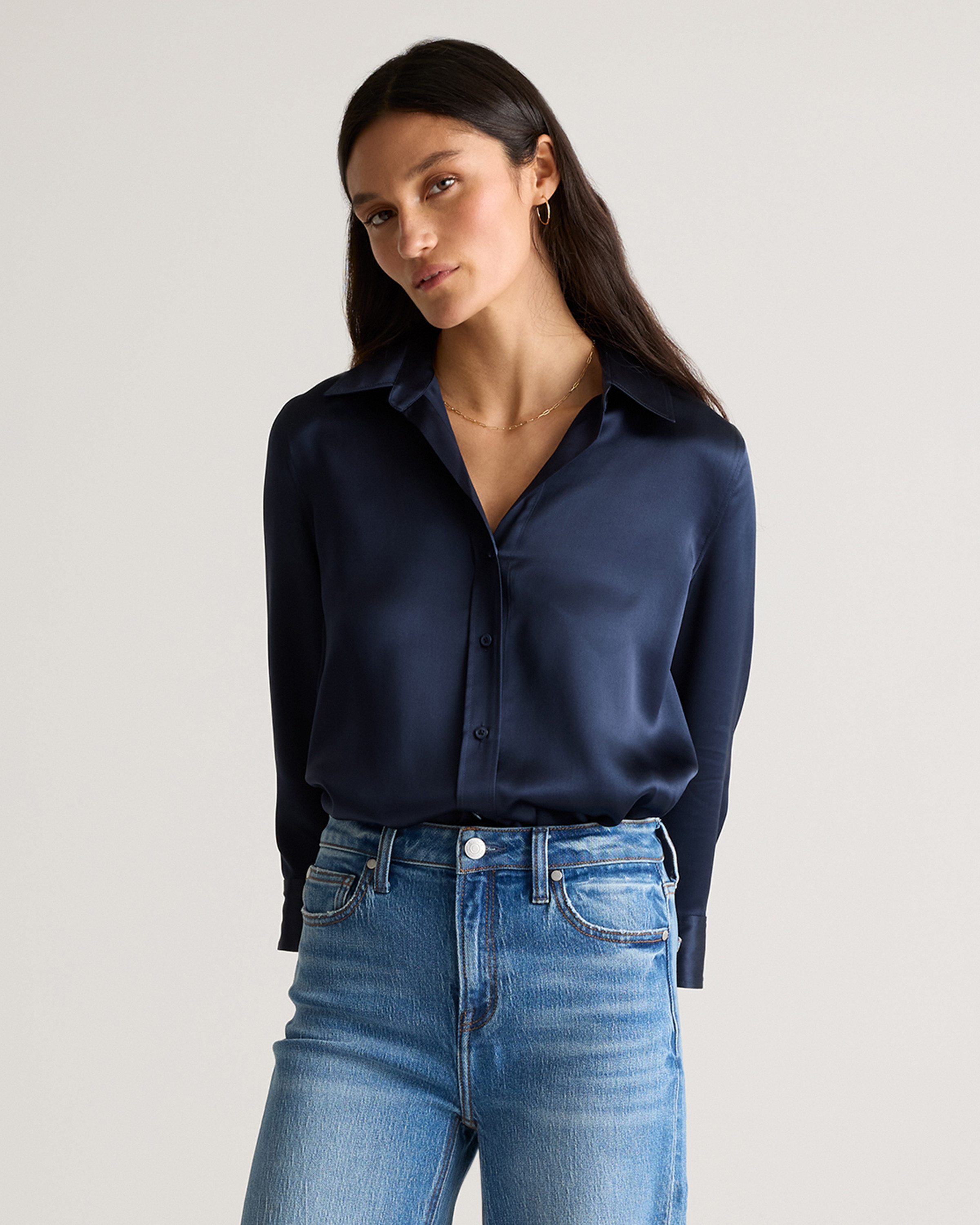 Quince | Women's Three-Quarter Sleeve Shirt in Navy, Size XS, Mulberry Silk | Quince