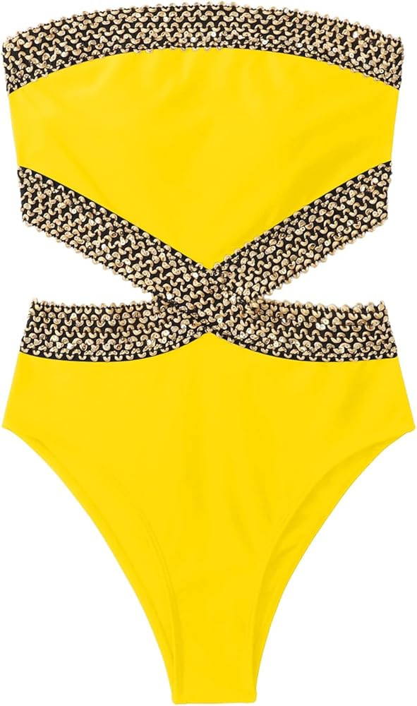 Milumia Women's Stitch Detail Strapless One Piece Swimsuit Cut Out Bandeau Bathing Suit | Amazon (US)