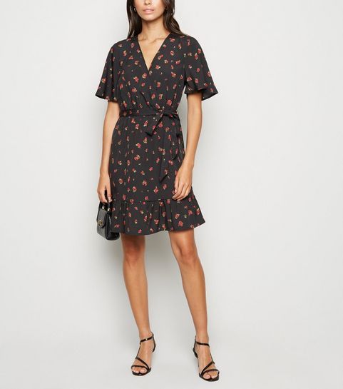 Black Rose Ruffle Wrap Mini Dress | New Look | New Look (UK)
