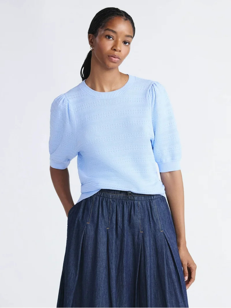 Free Assembly Women’s and Women's Plus Textured Sweater Tee with Puff Sleeves, Lightweight, Siz... | Walmart (US)