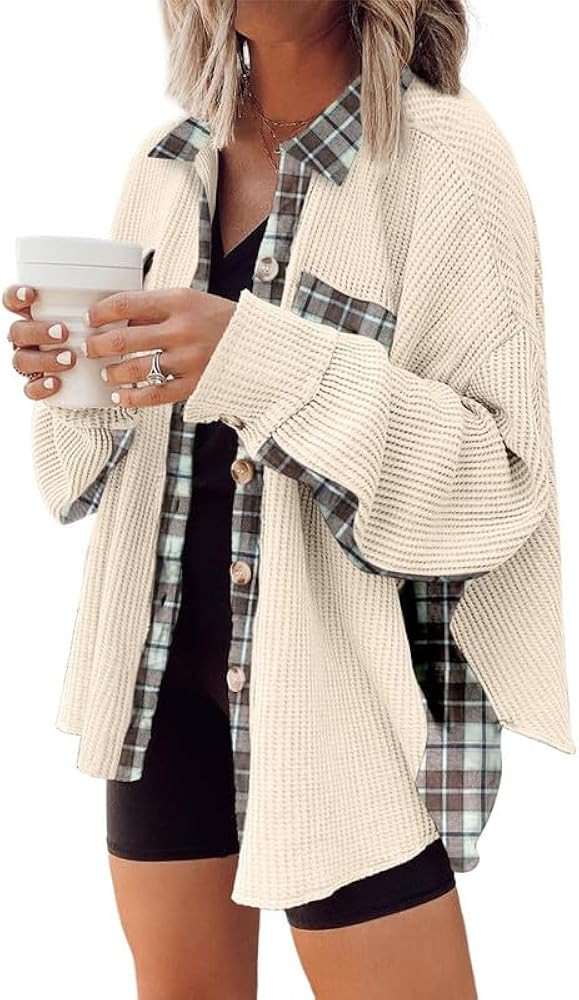 SHEWIN Womens Waffle Knit Plaid Shacket Boyfriend Button Down Shirt Jacket Loose Long Sleeve Tops | Amazon (US)