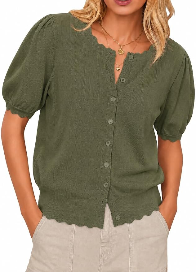 Cardigan Sweaters for Women Short Sleeve Knit Tops Scalloped Crewneck Puff Sleeves Button Up Card... | Amazon (US)