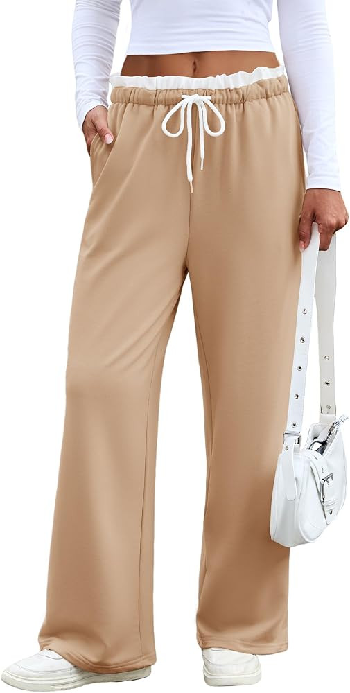 Anbech Pantalones deportivos de pierna ancha para mujer, tiro bajo, con cordón, holgados, casual... | Amazon (US)