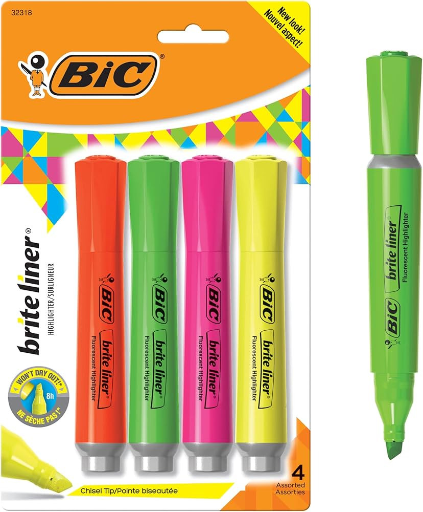 BIC Brite Liner Highlighter with Rubber Grip, Chisel Tip, Assorted, Pack of 4 - BLMGP41-A-AST | Amazon (US)