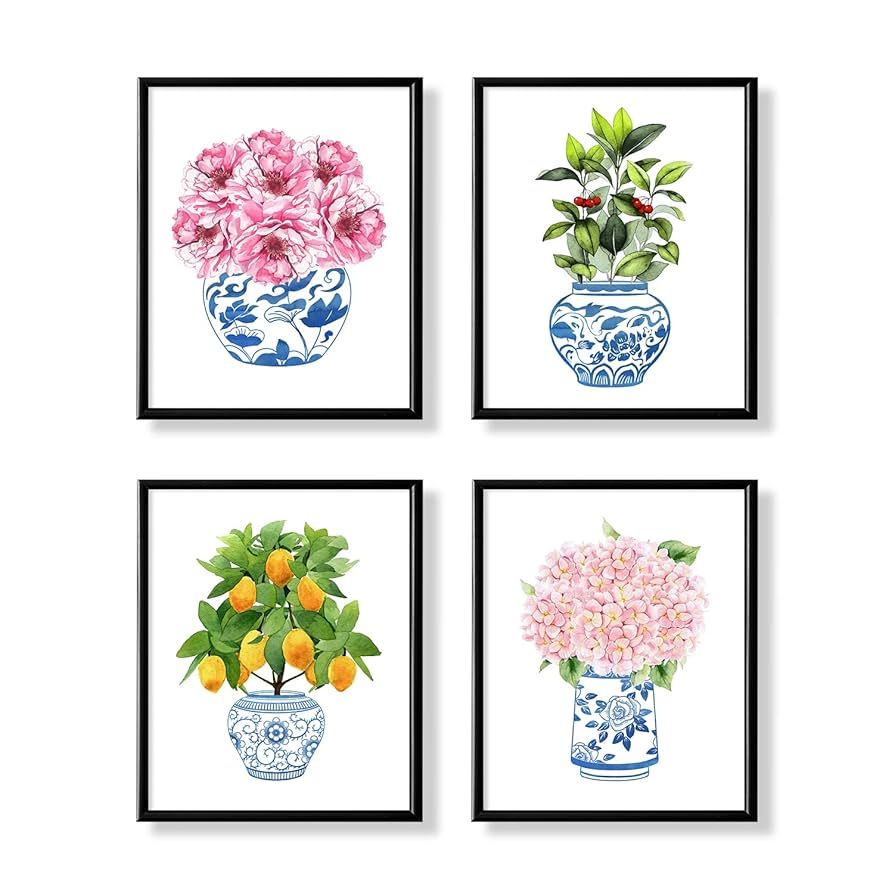 Blue and White Chinoiserie Wall Art - Watercolor Flower Picture Wall Prints - China Porcelain Vas... | Amazon (US)