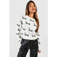 Womens Ho Ho Ho All Over Print Crop Christmas Jumper - White - S, White | Boohoo.com (UK & IE)