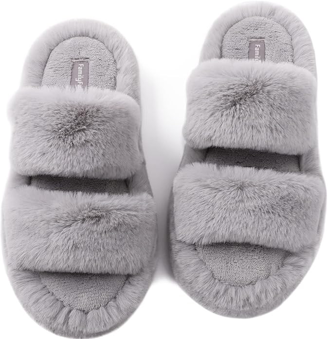 FamilyFairy Women's Fluffy Faux Fur Slippers Comfy Open Toe Two Band Slides with Fleece Lining an... | Amazon (US)