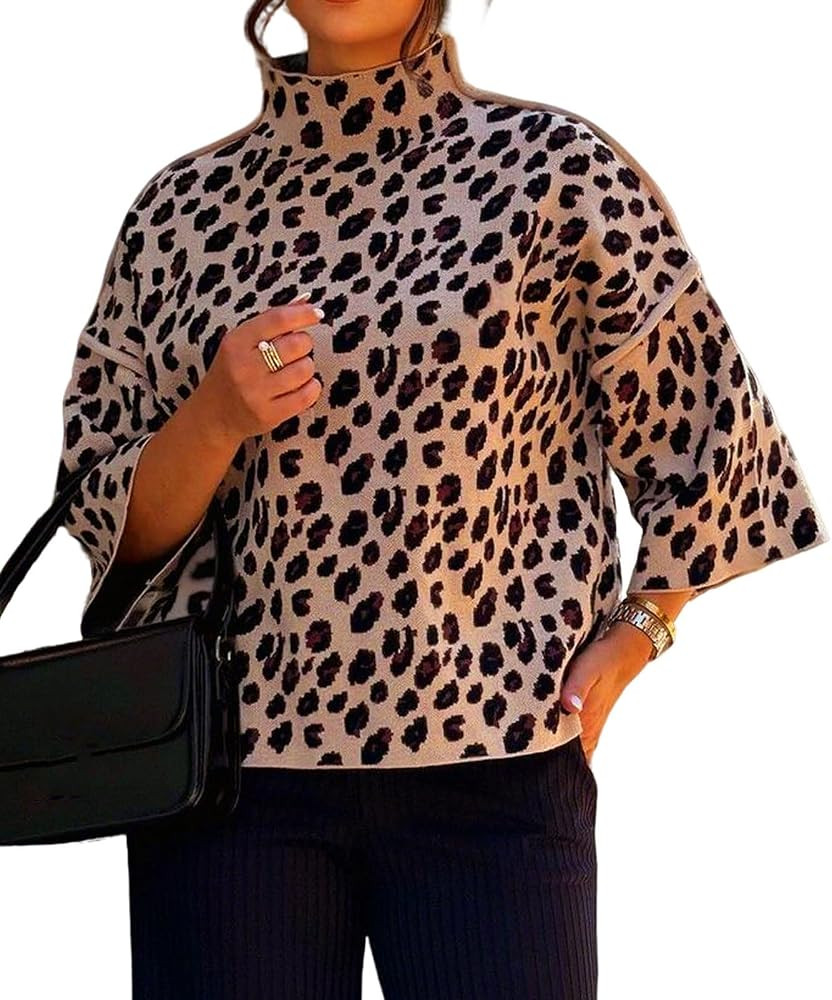 utcoco Women's Leopard Print Sweater Mock Neck 3/4 Bell Sleeve Pullover Loose Fall Winter Knit To... | Amazon (US)