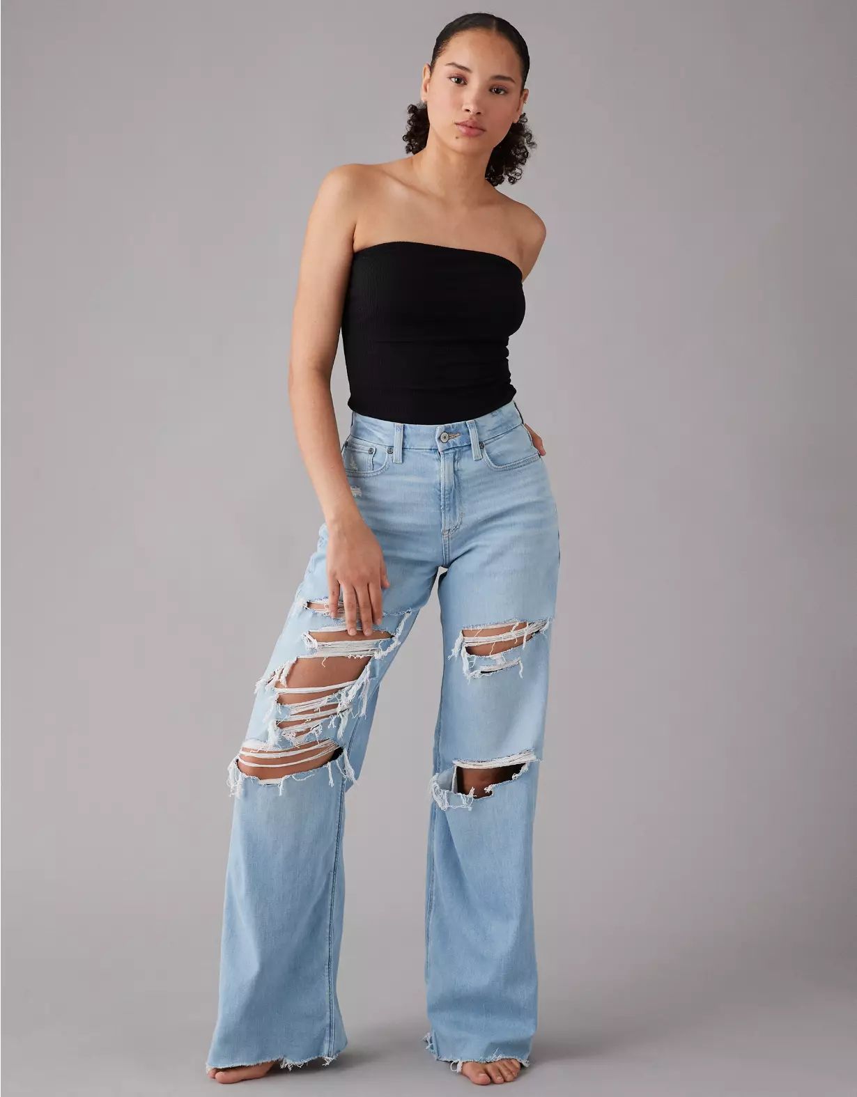 AE Dreamy Drape Stretch Curvy Super High-Rise Ripped Baggy Wide-Leg Jean | American Eagle Outfitters (US & CA)