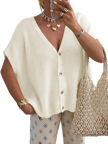 Saodimallsu Womens Spring Oversized Cardigans Batwing Short Sleeve Lightweight Button V Neck Casual Knit Sweater Tops White | Amazon (US)