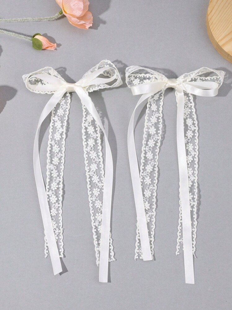 2pcs Flower Lace Hair Bows For Girls Beige Ribbon Bow Alligator Clips With Long Tail Elegant Wedd... | SHEIN