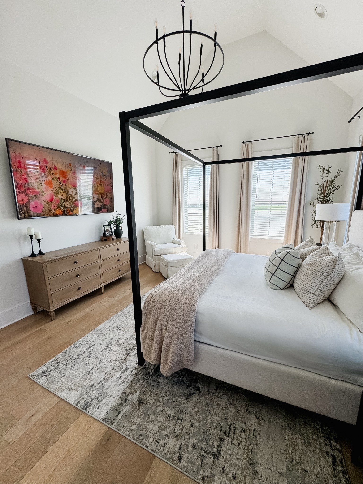 Primary Bedroom Furniture, Wooden Dresser, Canopy Bed Atwell Pottery Barn Dupe, Bedroom Accent Swivel White Linen Nursery Chair, Nightstand Lamp, Neutral Bedroom Curtains, Bedroom Rug, Viral Dresser 

#LTKHome