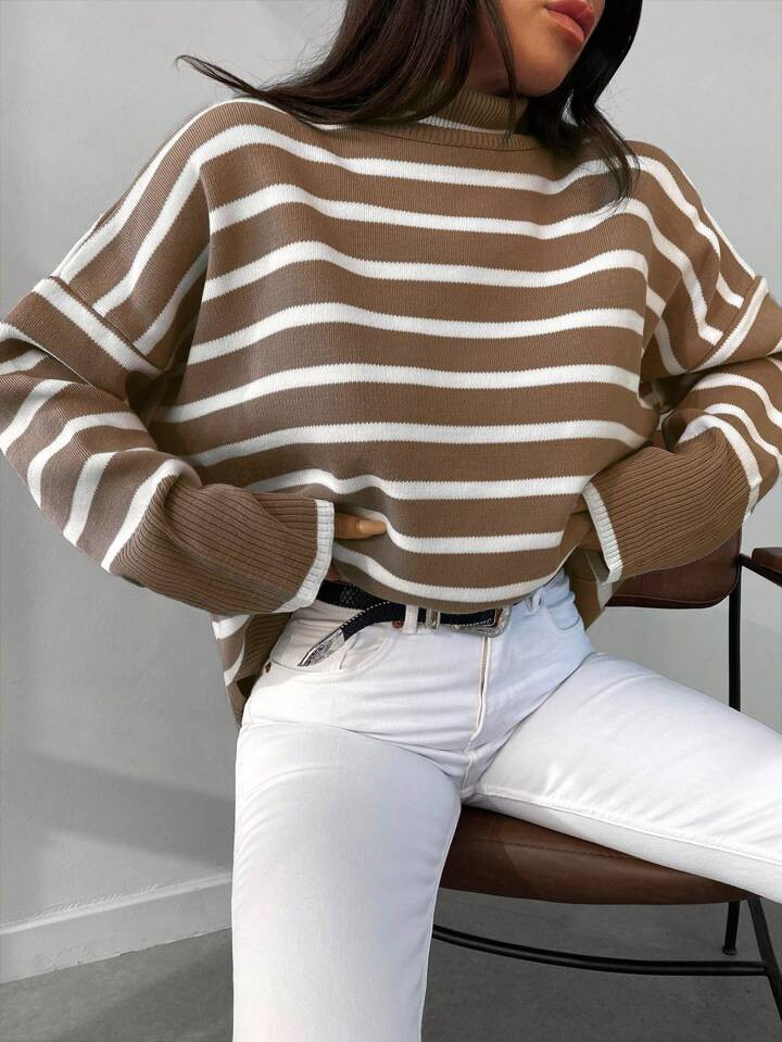Pullover mit Streifen Muster, Rollkragen, Drop Shoulder | SHEIN
