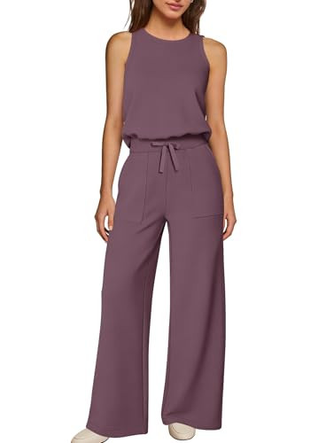 Yanekop Womens Wide Leg Jumpsuits Sleeveless Summer Jumpsuit Vacation Travel One Piece Outfits Casual Pants Romper(Fig,XL) | Amazon (US)