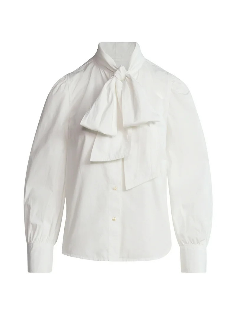Free Assembly Women's Cotton Tie Neck Blouse with Long Puff Sleeves, Sizes XS-XXL | Walmart (US)