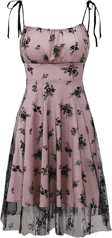 WDIRARA Women's Floral Print Sheer Mesh Tie Shoulder Ruffle Hem Cami Dress | Amazon (US)