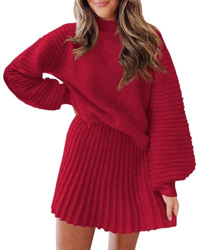 Womens 2 Piece Skirt Sets Fall Fashion 2025 Mock Neck Ribbed Knit Sweaters and Mini Skirt Two Piece Outfits Red | Amazon (US)