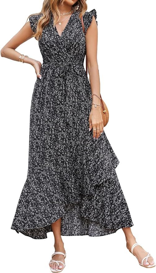 BTFBM Women's Summer Dresses Ruffle Cap Sleeveless V Neck Boho Floral Print Wrap Side Split Long ... | Amazon (US)