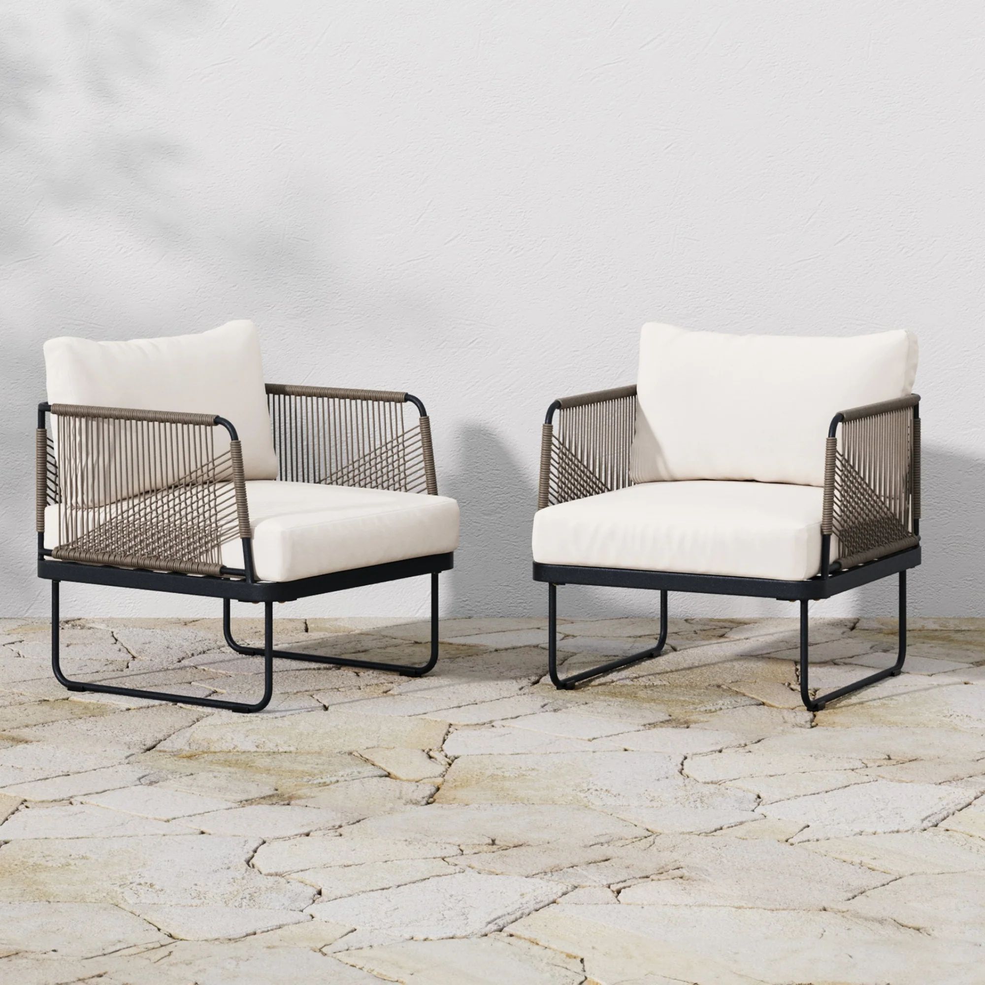 Set of 2 Outdoor Cord Patio Arm Chairs White | Nathan James
