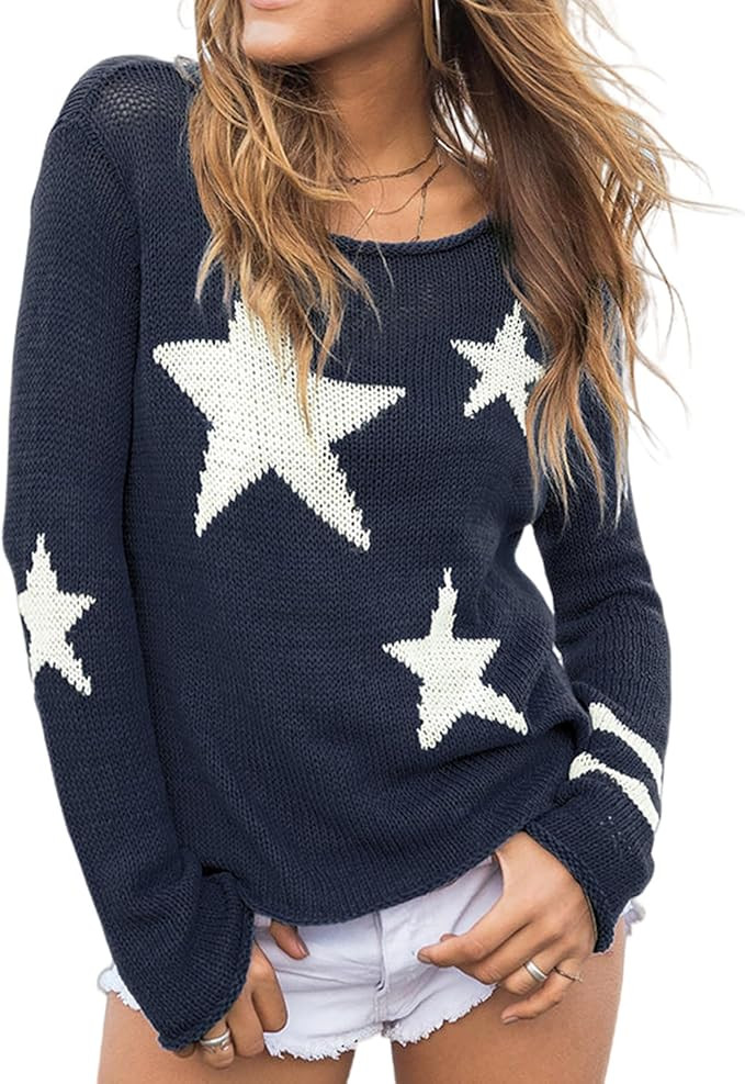 Women American Flag Sweater 4th of July Long Sleeve Crewneck USA Sweatshirt Vintage Hollow Out Kn... | Amazon (US)