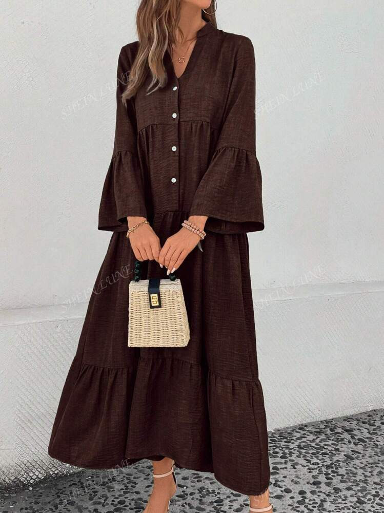 SHEIN LUNE Notched Neck Flare Sleeve Solid Color Dress, Casual Holiday Style Maxi Women Outfit | SHEIN