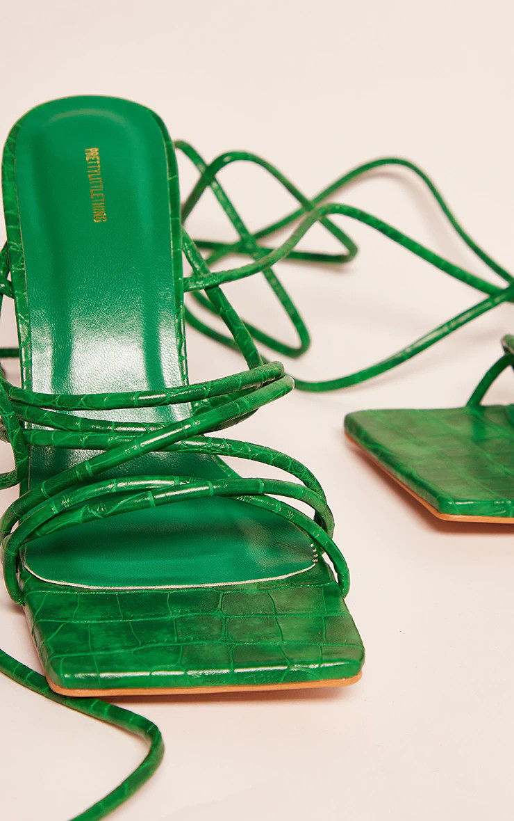 Green Croc Strappy Twist Lace Up High Heeled Sandals | PrettyLittleThing US
