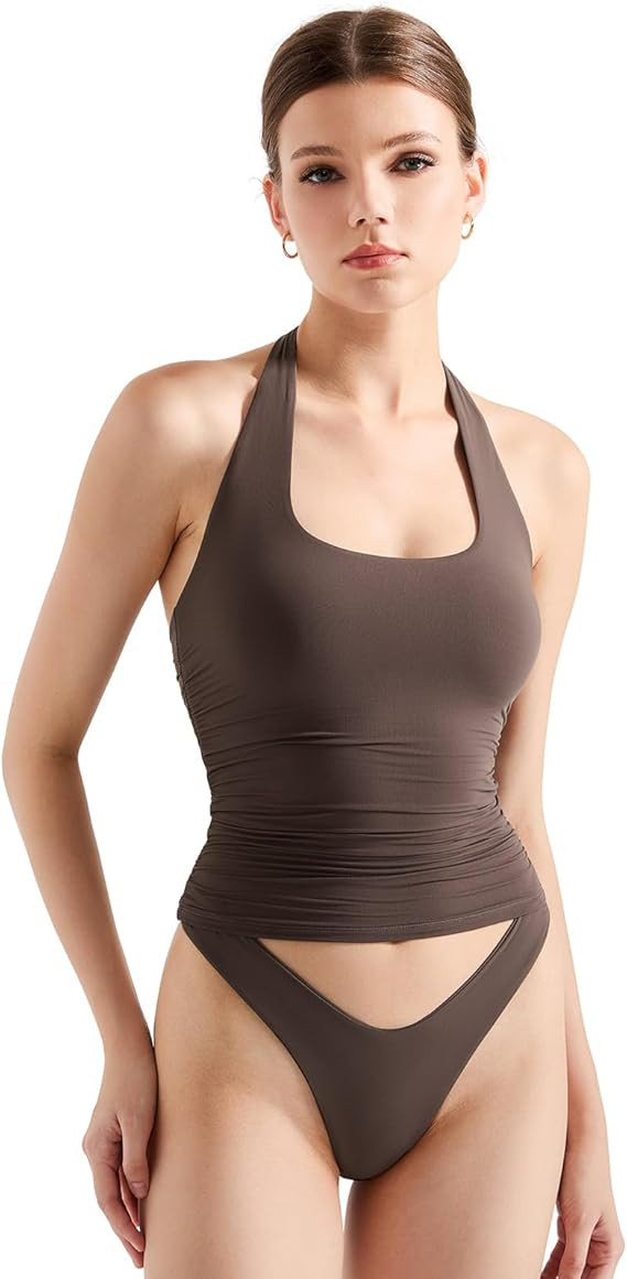 SUUKSESS Women Halter Tank Tops Double Lined Backless Y2K Trendy Going Out Tops | Amazon (US)